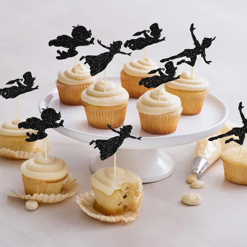 Vista 8 de Gyufise Paquete de 24 adornos para cupcakes con purpurina negra que nunca crecen para cupcakes en P Pan para baby shower Never Grow Up