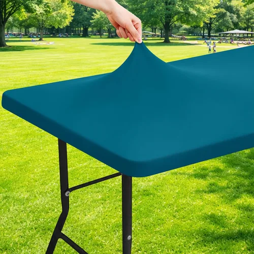 Vista 17 de Moosfor Mantel rectangular de elastano de 4 pies, manteles elásticos ajustables para pícnic, funda elástica y lavable para mesa de patio para Azul