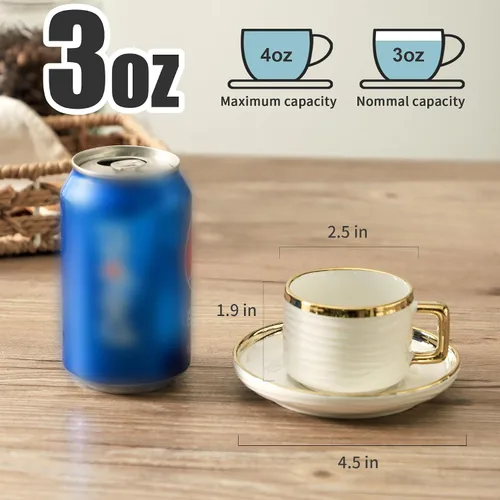 Vista 2 de LETAOTAO Juego de 4 tazas y platillos de expreso, tazas de café apilables de cerámica de 3 onzas con borde dorado, mini tazas Demitasse, juego