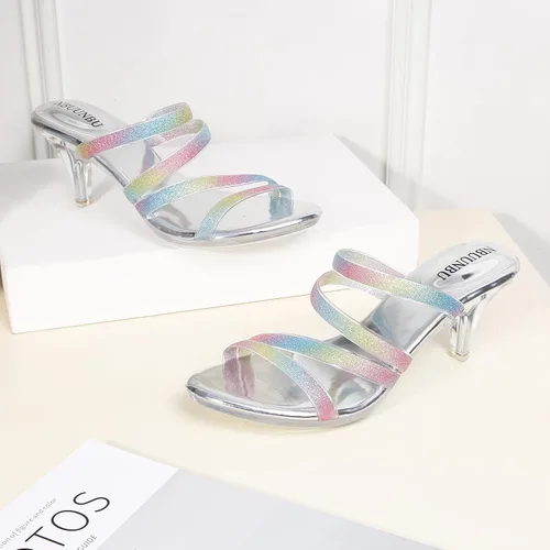 Vista 8 de NBUUNBU Tacones transparentes para mujer, tacones negros plateados, con plataforma pequeña, sandalias de tacón alto sexy, sandalias de tacón
