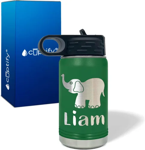 Vista 2 de Botella de agua para niños personalizada con nombre en botella de agua aislada con anillo verde mate de 12 onzas
