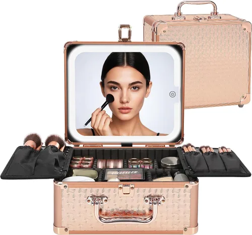 Vista 11 de Relavel - Bolsa de maquillaje con espejo LED, estuche de maquillaje para viajes en tren con espejo iluminado recargable y divisores ajustables Negro