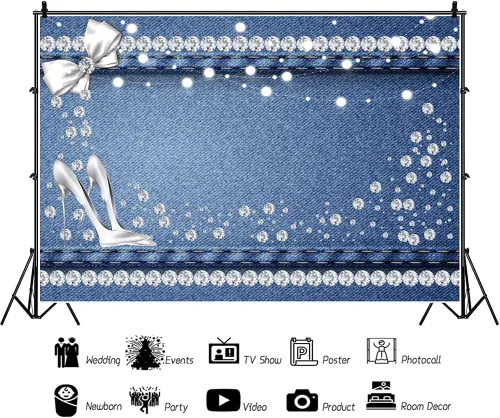 Vista 3 de AOFOTO Telón de fondo azul de mezclilla y diamantes de 5 x 3 pies con purpurina y tacones de cristal con lazo, fondo de fotografía para mujeres