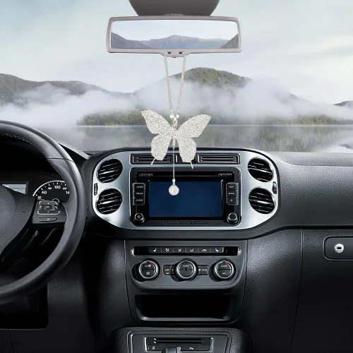 Vista 4 de MiOYOOW Adorno colgante de mariposa para automóvil, accesorio de espejo retrovisor con diamantes de imitación, ajuste universal, adorno colgante