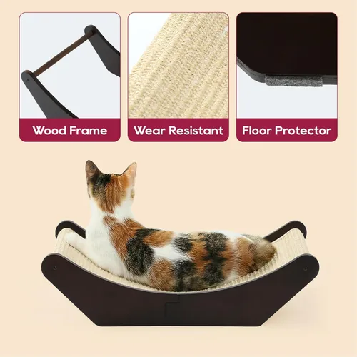 Vista 4 de Zakkart Hamaca rascador de sisal para gatos, rascador 2 en 1 para gatos y cama de descanso, tapete de sisal 100% natural, marco de madera maciza