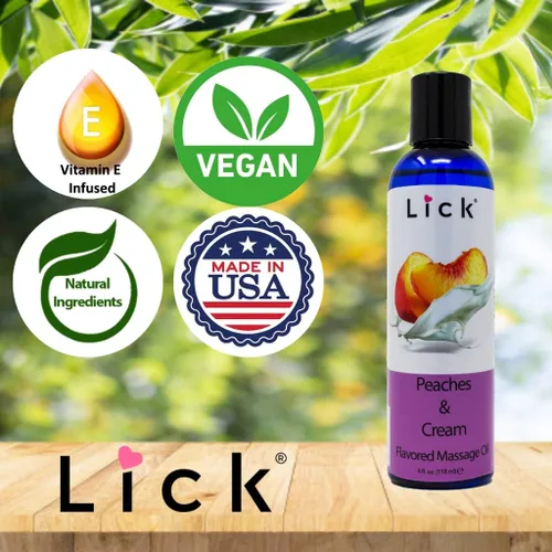 Vista 7 de Lick Aceite de masaje con sabor a duraznos y crema, aceite de masaje comestible inspirado en postres dulces con vitamina E, deslizamiento suave