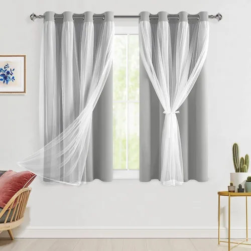Vista 117 de Hiasan Cortinas opacas con superposición transparente, aislamiento térmico para mezclar y combinar de doble capa, cortinas de oscurecimiento de Beige