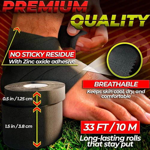 Vista 4 de Cinta atlética negra extremadamente resistente: 3 rollos + 1 rollo de dedo. Fácil de aplicar y sin residuos. Cinta deportiva atlética para boxeo