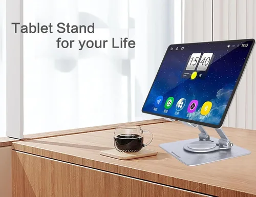 Vista 2 de Soporte para tablet para escritorio, soporte ajustable para tableta de escritorio, tableta plegable con base giratoria de 360 grados para iPad Pro