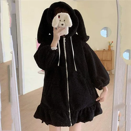 Vista 3 de Sudaderas con capucha de orejas de conejo para mujer, diseño de anime kawaii, dulce y mullido, suéter de conejo mullido, suéter de cosplay