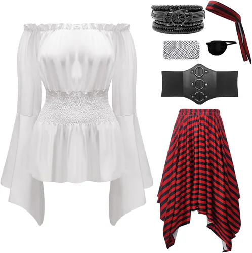 Vista 2 de SHOHOKU 7 piezas de disfraz de pirata para mujer, blusa renacentista, blusa con corsé, cinturón de cintura, falda pirata, traje de cosplay de pirata