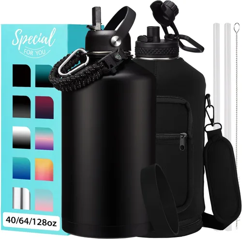 Vista 28 de Botellas de agua de 32 onzas aisladas con pajita y tapa para beber de un sorbo, asa de paracord, bolsa de transporte con correa, termo de triple