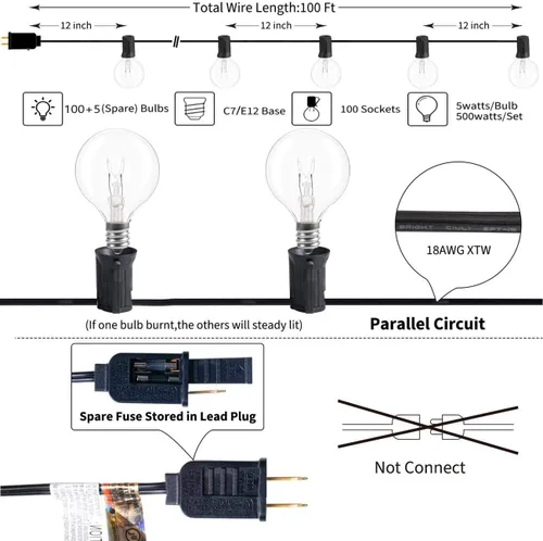 Vista 2 de SUNSGNE Guirnalda de luces de patio G40 impermeable de 100 pies para exteriores con 105 bombillas Edison transparentes, luces de globo para 24.9 ft