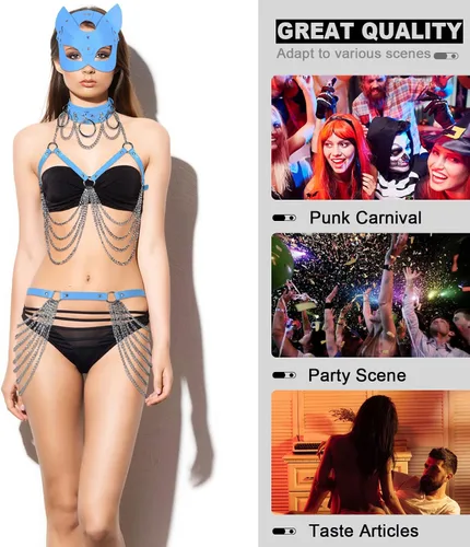 Vista 5 de Arnés de cuerpo para mujer, de cuero, punk, traje de máscara, collar, liguero, gótico, carnaval, disfraz de baile de Halloween