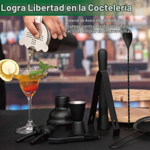 Vista 5 de Juego de coctelera para barman con soporte giratorio de bambú, juego de 11 piezas de accesorios de bar de acero inoxidable para mezclar bebidas