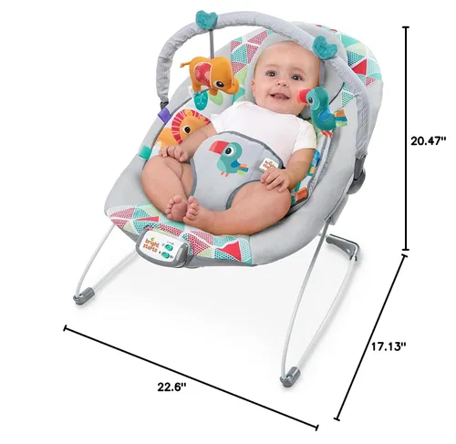 Vista 8 de Bright Starts Baby Bouncer Soothing Vibrations - Asiento para bebé, música, barra de juguete extraíble, 0-6 meses hasta 20 libras (Tucán Tango)