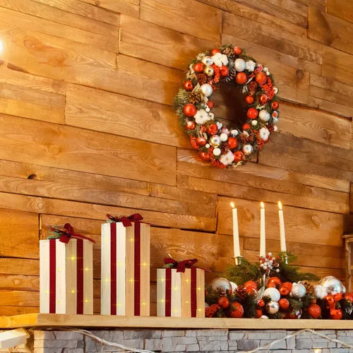 Vista 3 de Barydat 3 piezas de cajas de regalo iluminadas de Navidad para decoración de mesa de Navidad, centro de mesa rústico de madera para regalo