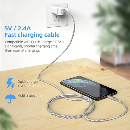 Vista 5 de Cargador para iPhone [certificado Apple MFi] Paquete de 3 cables Lightning de 10 pies de largo, carga rápida, sincronización de datos, cable USB