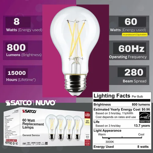Vista 6 de Satco S12463 8A19/CL/LED/E26/930/4PK/120V (24 bombillas LED)