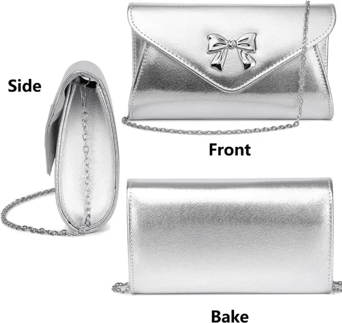 Vista 7 de Gurina Bolso de mano de noche con detalle de lazo, elegante bolsa de fiesta de piel sintética brillante con cadena desmontable para boda y baile