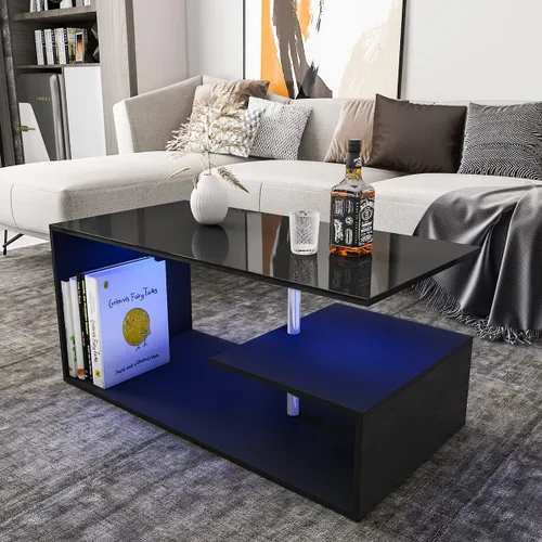 Vista 6 de HOMMPA Mesas de centro LED para sala de estar, moderna mesa de centro negra con forma de S de 3 niveles, estante de almacenamiento abierto, mesa