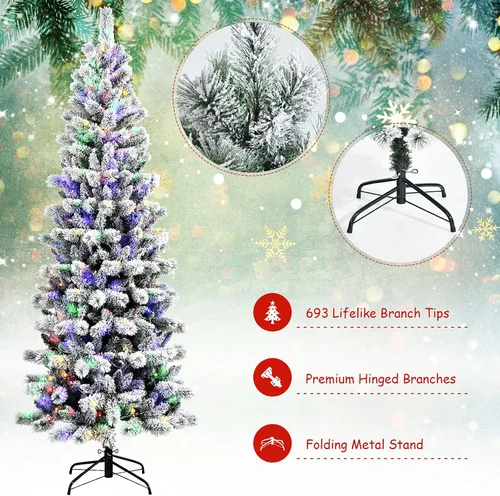Vista 5 de DORTALA Árbol de Navidad artificial delgado preiluminado de 7.5 pies con copos de nieve, 693 puntas de rama, 300 luces LED blancas cálidas