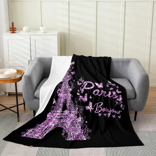 Vista 14 de Feelyou Manta de felpa de la Torre Eiffel con purpurina, color azul, morado, pastel, para todas las estaciones, manta de cama para niños, manta