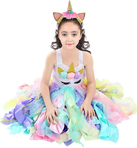 Vista 6 de Wish Care Vestido de unicornio para niñas de 3 a 10 años, vestido de tutú de unicornio con lentejuelas y arco iris, traje de fiesta de cumpleaños