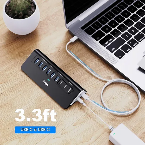 Vista 7 de Hub USB alimentado de 10 Gbps, intpw YH6AC Divisor USB de 9 puertos con USB A/USB C 3.2, 4 USB 3.0, 2 puertos de carga PD de 45 W, adaptador