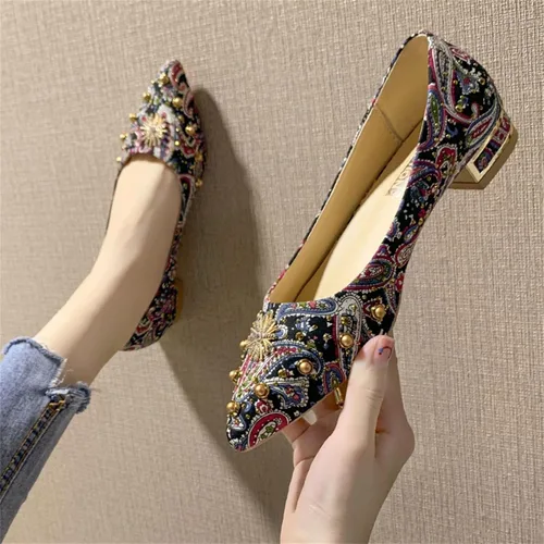 Vista 4 de Zapatos planos de ballet para mujer a la moda con diamantes de imitación de perla y punta puntiaguda, estilo retro, bordado cómodo, formal
