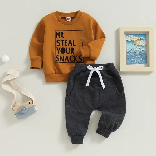 Vista 3 de Conjunto de sudadera con estampado de letras para bebé, 2 piezas, pantalones deportivos casuales para otoño e invierno