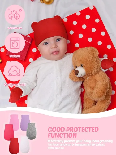 Vista 7 de Geyoga Juego de 12 guantes para recién nacido, gorro de algodón para bebés de 0 a 12 meses