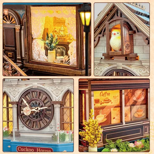 Vista 6 de SUNNINO Kit de casa de muñecas en miniatura, rompecabezas de madera 3D de cuco para adultos, kit de construcción de mini casa con 3 modos