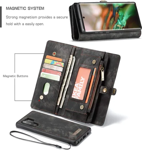 Vista 4 de Funda para Samsung Galaxy Note 10 Plus, funda de cuero con cremallera, funda magnética desmontable con ranuras para tarjetas de crédito, soporte