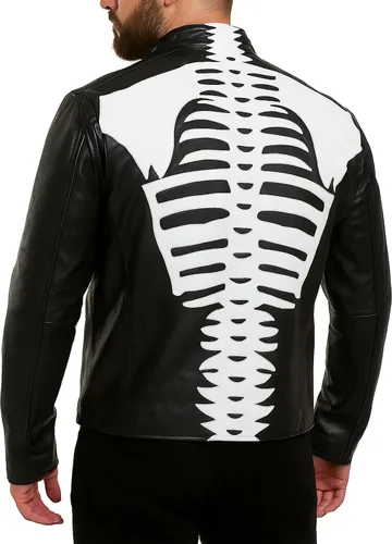 Vista 3 de Chaqueta de cuero negro para hombre con diseño de huesos de esqueleto