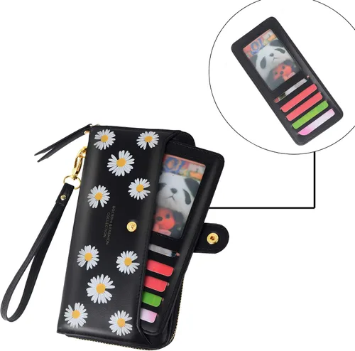 Vista 5 de Cartera de cuero para mujer, con bloqueo RFID, bolsillo con cremallera, tarjetero con ventana de identificación