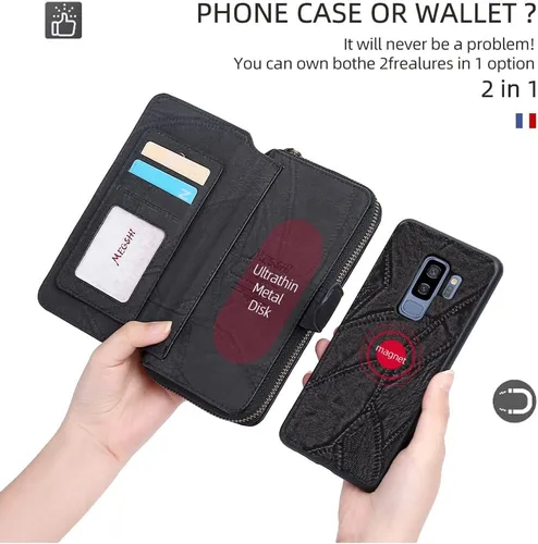 Vista 3 de Asuwish Funda de teléfono para Samsung Galaxy S9 Plus con cremallera, funda desmontable con protector de pantalla de vidrio templado y tarjetero