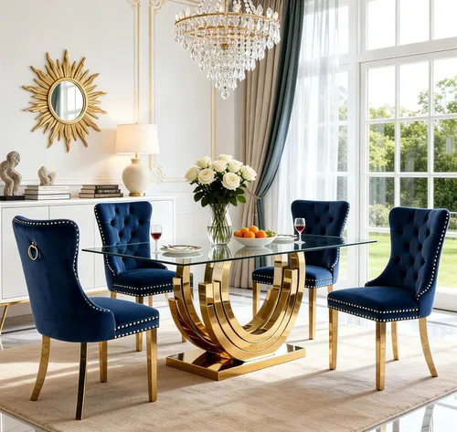 Vista 23 de SSLine Mesa de comedor de cristal dorado de 70 pulgadas para 4-6, base de Mesa de oro floral