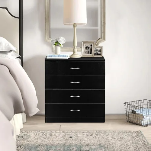 Vista 2 de Karl home Cómoda de 4 cajones, cómoda de almacenamiento moderna, mesita de noche de madera para dormitorio, sala de estar (negro)