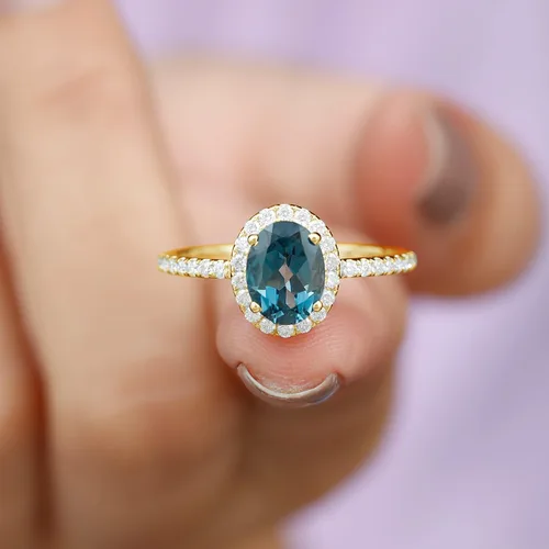 Vista 14 de Anillo de compromiso de topacio azul natural de Londres de 0.236 x 0.315 in, calidad AAA, anillo solitario de diamante de topacio azul, listo