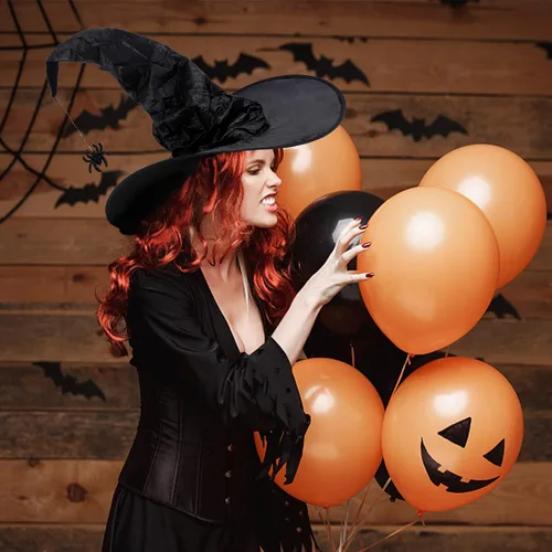 Vista 4 de Roontin Sombrero de bruja de Halloween con colgante de araña y murciélago, elegante accesorio de disfraz para mujer