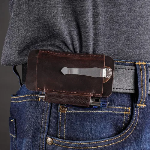 Vista 2 de Funda de cuchillo de cuero VIPERADE PJ33 para cinturón, funda de navaja de bolsillo horizontal con soporte elástico para bolígrafos, funda de Marrón