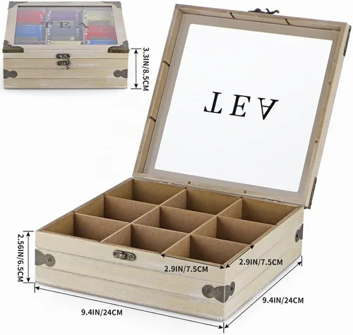 Vista 3 de Organizador de caja de té de madera MOLIGOU, cofre de almacenamiento de té con tapa de vidrio, 9 compartimentos, soporte para bolsas de té