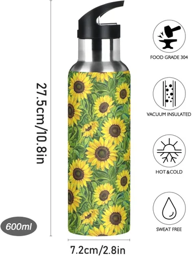 Vista 9 de Botella de agua aislada de 32 onzas, botellas de agua a prueba de fugas para gimnasio, viajes al aire libre, escuela, girasoles hojas verdes