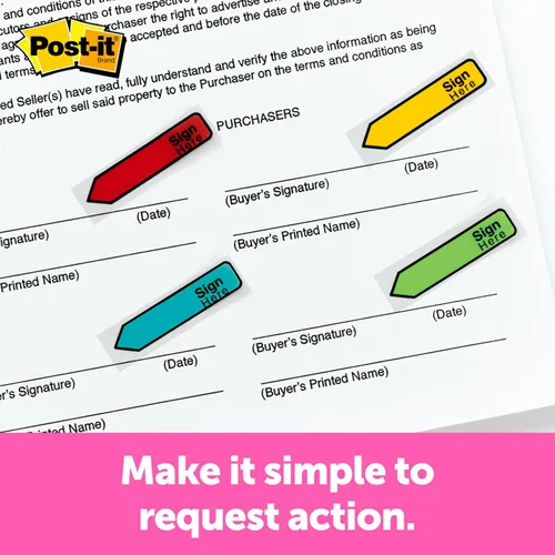 Vista 3 de Post-it Banderas de mensaje, Sign Here, 20/dispensador, 4 dispensadores/paquete, 0.47 pulgadas de ancho, rojo (684-RDSH)