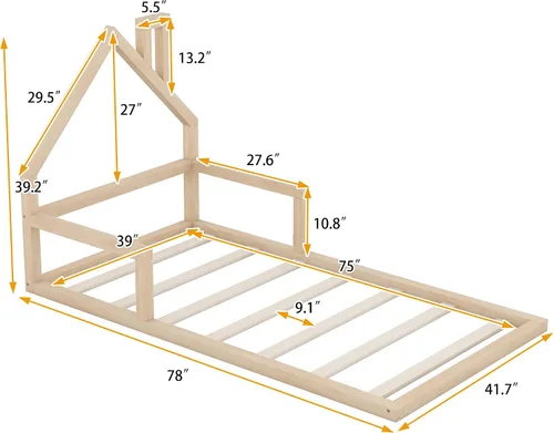Vista 4 de Quarte Cama de suelo de madera de tamaño individual con cabecera en forma de casa, marco de cama de plataforma de madera para dormitorio,