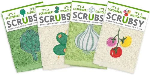 Vista 12 de MÜkitchen SCRUBSY 100% Cotton Kitchen Dish Cloth with Built in Scrubber Kit Various Designs and Super Absorbent Set of 4 (Avian)