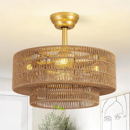Vista 12 de Ventilador de techo estilo bohemio con luz de ratán con control remoto