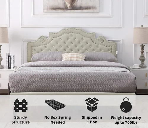 Vista 5 de Base de cama de plataforma tapizada tamaño Queen con cabecero ajustable de 47 pulgadas de alto, cama de lino copetuda con botones, soporte de Beige