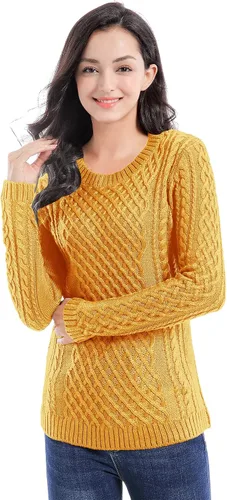 Vista 3 de v28 - Suéter elástico de punto trenzado con cuello redondo y manga larga para mujer